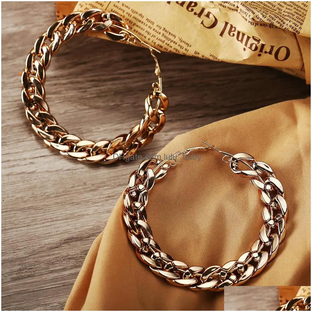 fashion jewelry chain earrings vintage exaggerated gold alloy chain hoop earrings