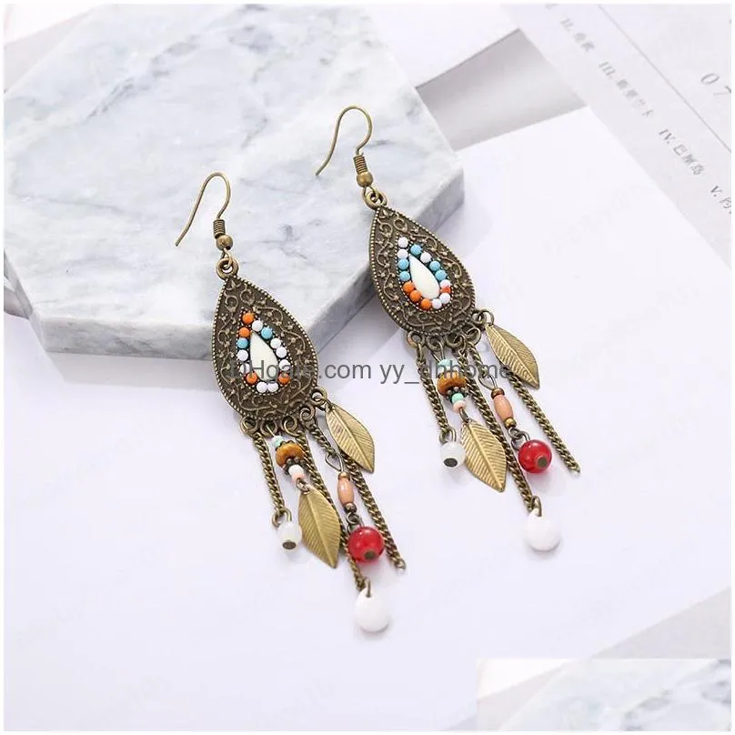 bohemian retro ethnic rice beads feather tassel earrings for women indian jewelry water drop long alloy dangle earrings