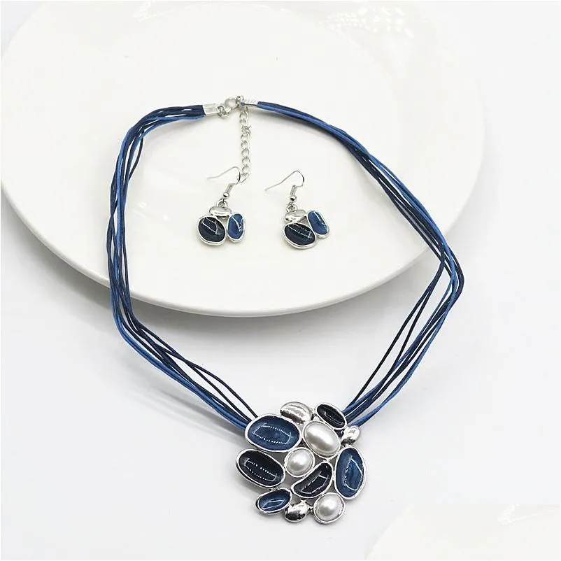 fashion jewelry set faux pearl wax thread glaze geometrical short necklace earrings set