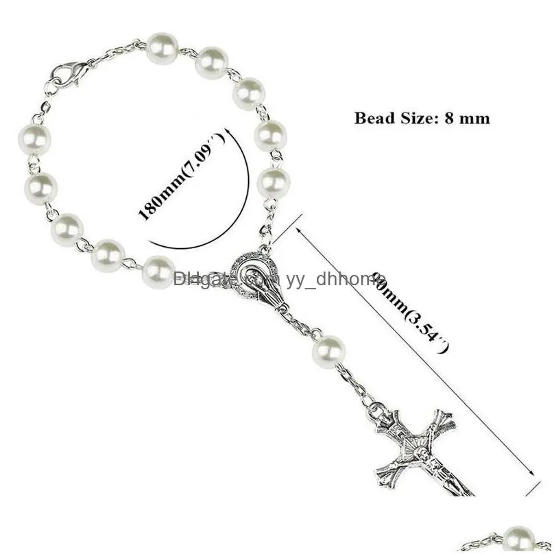classic retro imitation pearl mary jesus cross pendant rosary bracelets catholic icons religious jewelry women gift