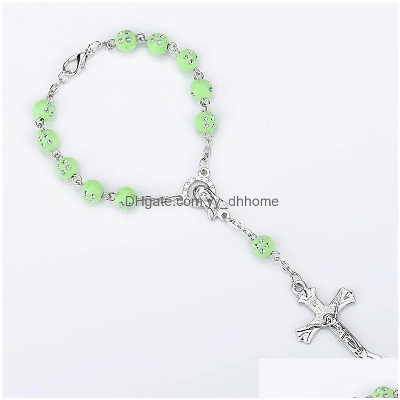 cross jesus bracelets bangle virgin mary religious jewelry 8mm colorful acrylic beads catholic rosary bracelet gift for women