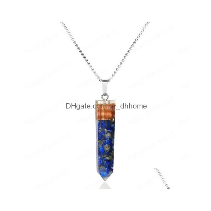 hexagonal column pendant natural chips stone copper wire resin poured geometry pendants energy necklaces for women men