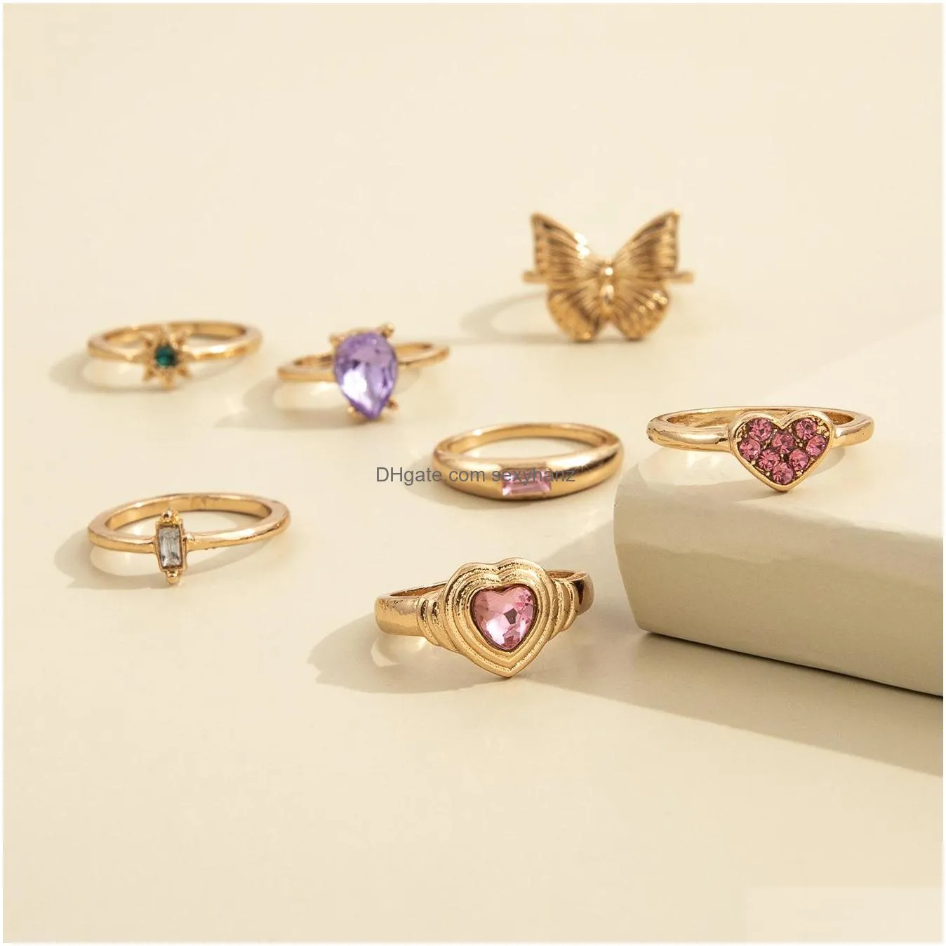 fashion jewelry knuckle ring set butterfly rhinestone pink heart star stacking rings midi rings sets 7pcs/set