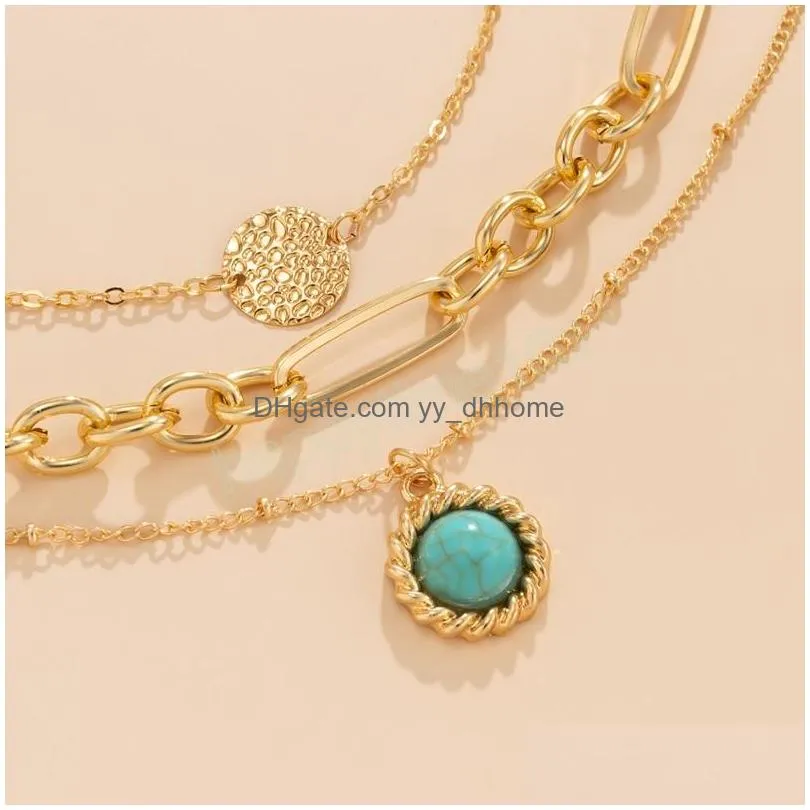boho turquoise pendant necklace womens multilayer retro fashion gold round sequin clavicle necklaces girls glamour jewelry