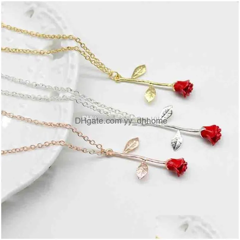 fashion jewelry pendant red rose flower gold chains choker necklaces romantic valentines day gifts statement