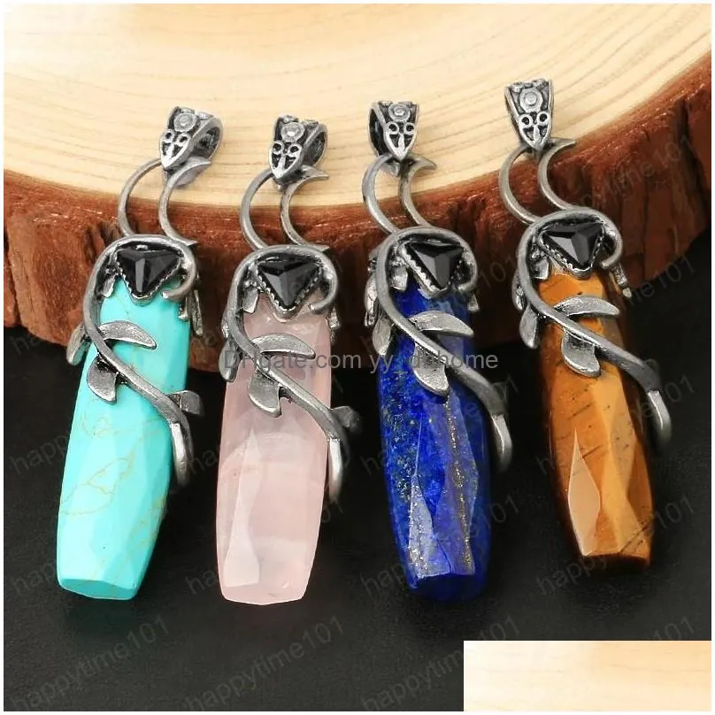 antique silver color pendant necklaces natural crystal stones leaves winding faceted rectangle long pendants women men