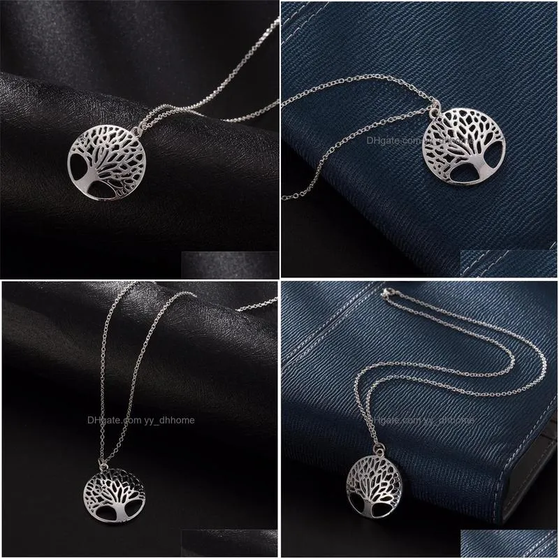  tree of life round small pendant necklace hollow silver color bijoux collier elegant women jewelry gifts