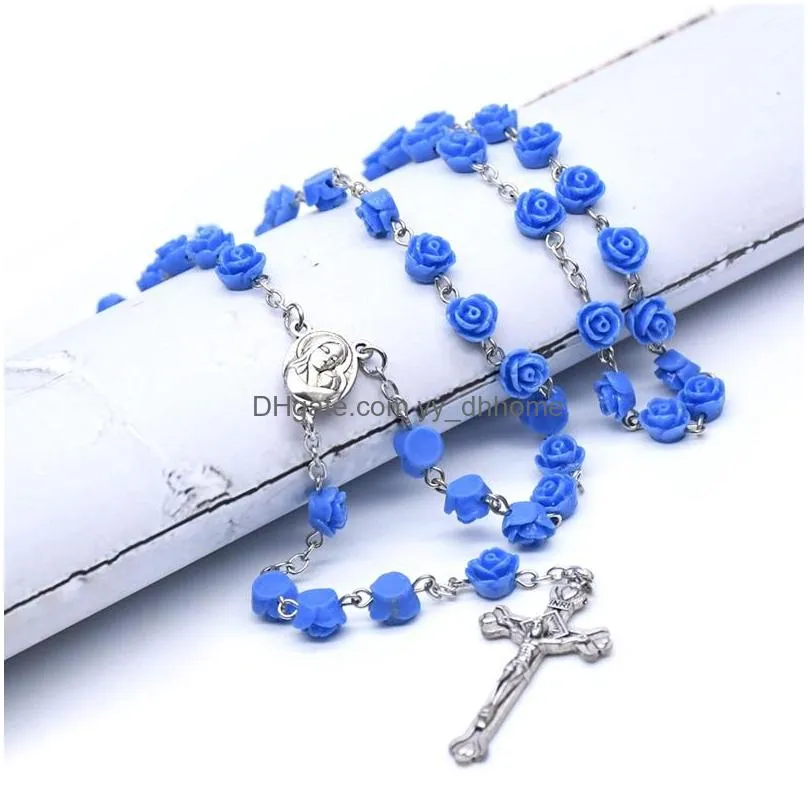 virgin mary christ cross rosary long resin rose necklace religious jewelry gifts