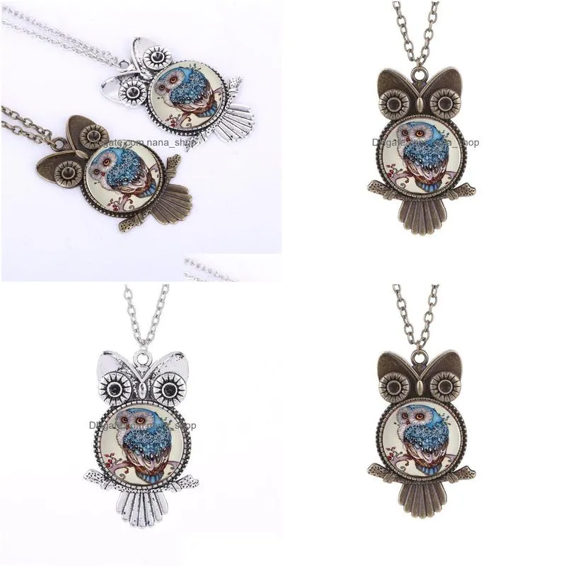 fashion jewelry vintage time gem cabochon steampunk owl pendant necklace sweater necklace