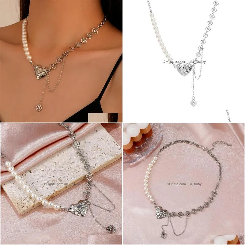 fashion jewelry metal splicing faux pearls love clavicle chain necklace irregular hollow heart dangle tassel choker necklaces