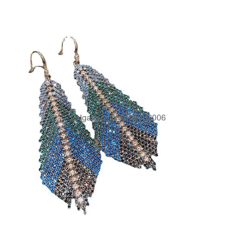 fashion jewelry dazzling colorful blue feather zircon grab chain long tassel dangle earrings geometric exaggerated earrings