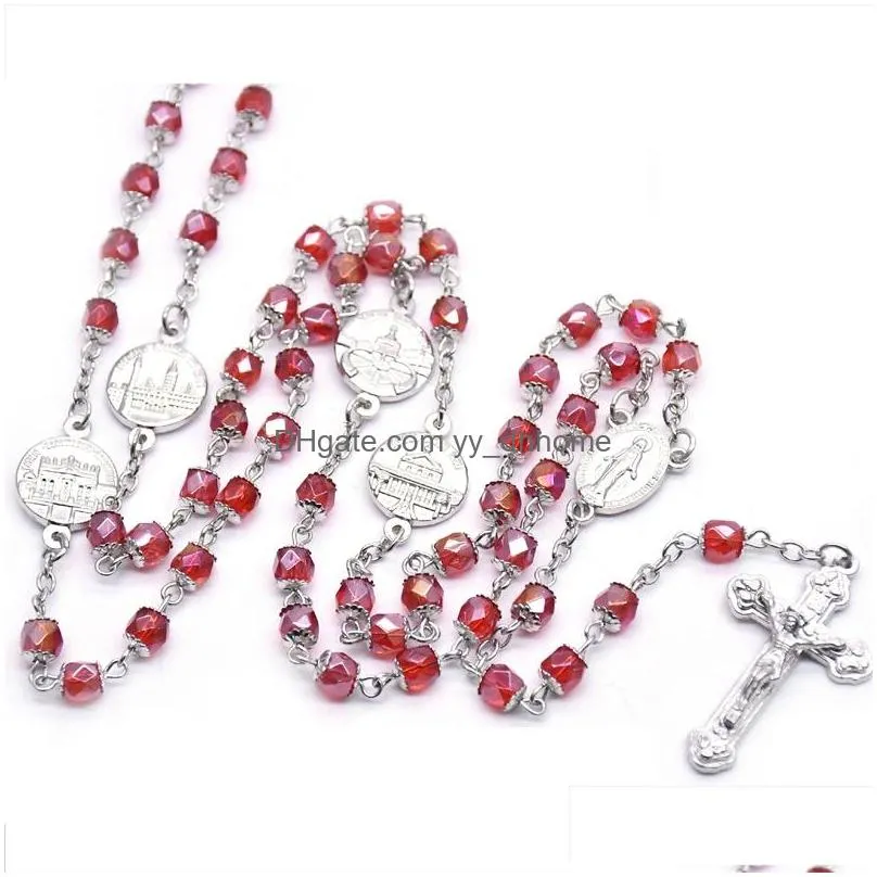red crystal rosary necklace with cup vintage jesus cross pendant necklace long religious pray jewelry gift for men women
