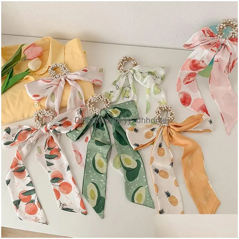 fruit printed chiffon streamers hair rope pearl elastic rubber bands ponytail holder long ribbon women sweet hair accessories