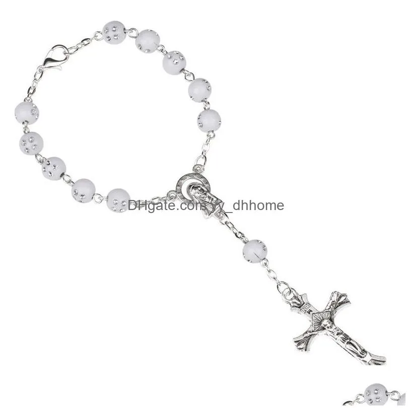 cross jesus bracelets bangle virgin mary religious jewelry 8mm colorful acrylic beads catholic rosary bracelet gift for women