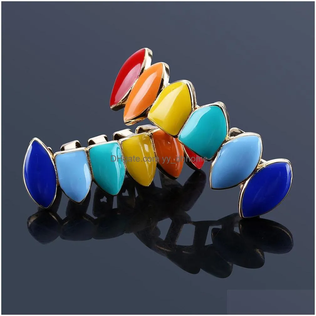  hip hop gold silver teeth grillz top bottom colorful grills dental mouth cosplay party tooth rapper jewelry