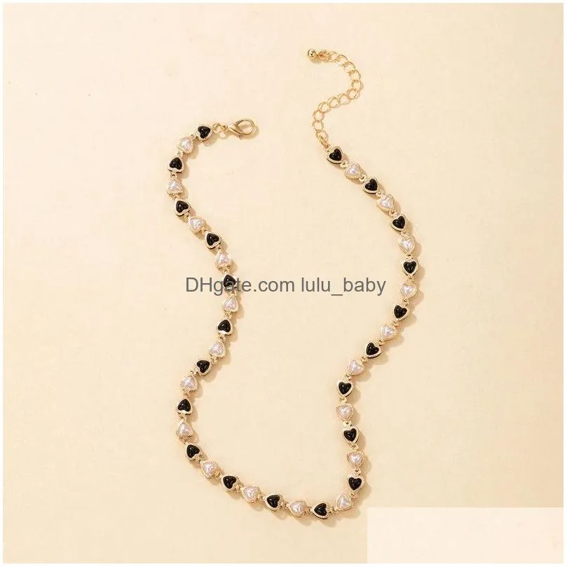 fashion jewelry black white faux pearl cute heart beaded necklace love beads chocker necklaces