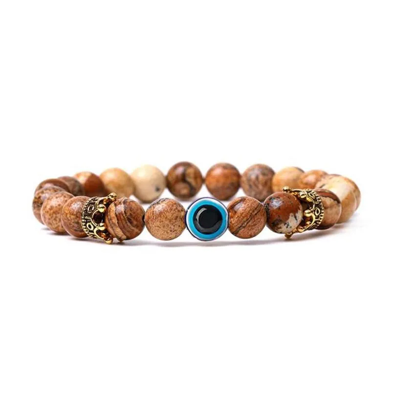 evil eye natural stone beaded strands bracelet designer jewelry gold crown white turquoise tiger eyes hematite for men women lovers elastic rope bracelets 12