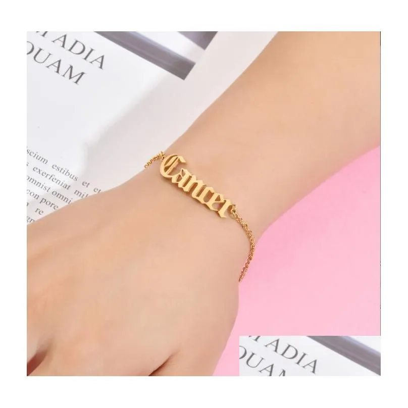 old english 12 zodiac bracelet chain link for women horoscope jewelry gold plating stainless steel leo capricorn sagittarius virgo aquarius letter