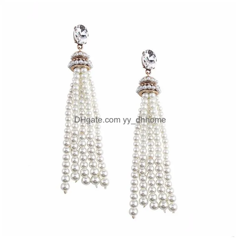 luxury imitation pearl tassel earrings for woman elegant geometric crystal long dangle earring girl party ear jewelry