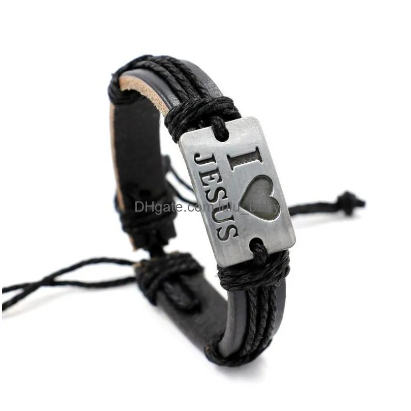 europe fashion jewelry mens retro alloy iove jesus handmade rope weave leather bracelet