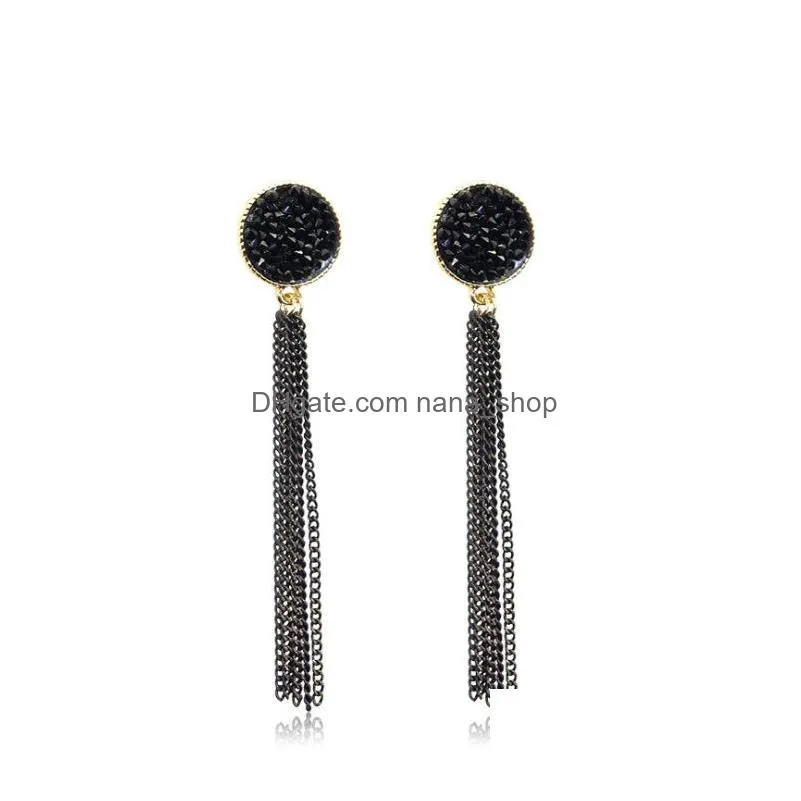 fashion jewelry s925 silver post black rhinstone chain tassels dangle stud earrings