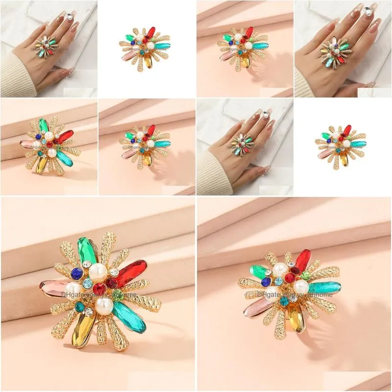 temperament flower ring for women multicolors crystal pearls open finger rings wedding band party jewelry gift