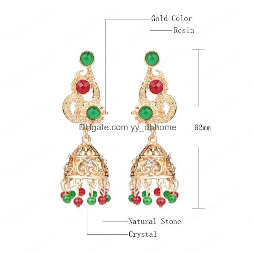 gold metal carved rhinestone hollow ladies dangle earrings women indian jhumka jhumki boho ethnic beads tassel jewelry