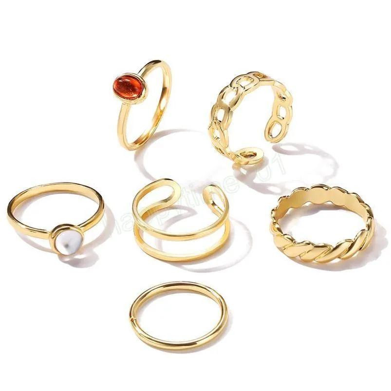 vintage gold mix size 6pc s/set ring sets for women girls punk geometric gemstone chain link finger rings jewelry gifts