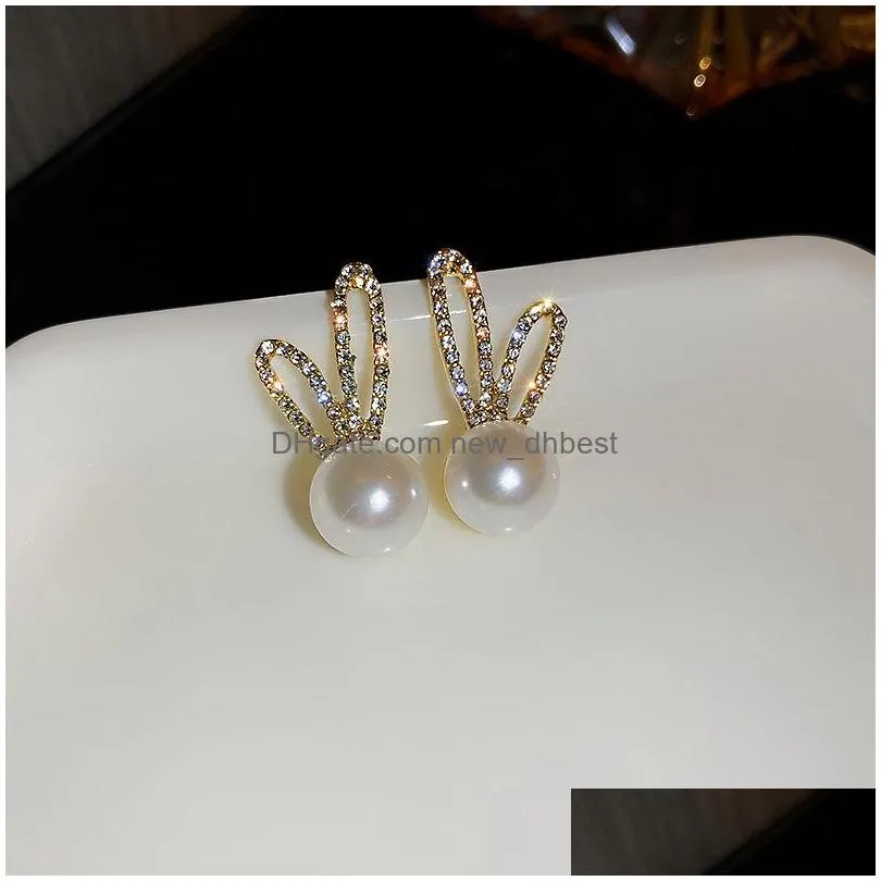 fashion jewelry s925 silver post stud earrings faux pearl cute sweet rhinestone rabbit ear earrings