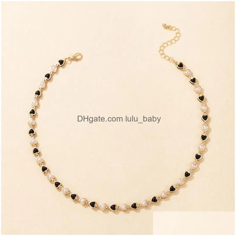 fashion jewelry black white faux pearl cute heart beaded necklace love beads chocker necklaces