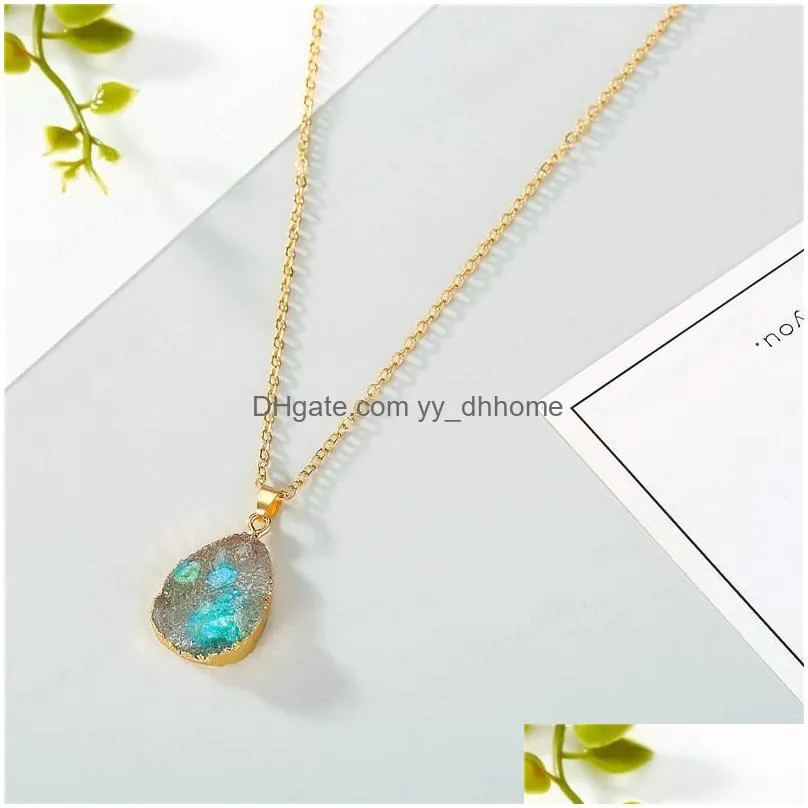 waterdrop druzy resin quartz gold link necklace drusy stone pendant droplet chain necklaces jewelry for women girl