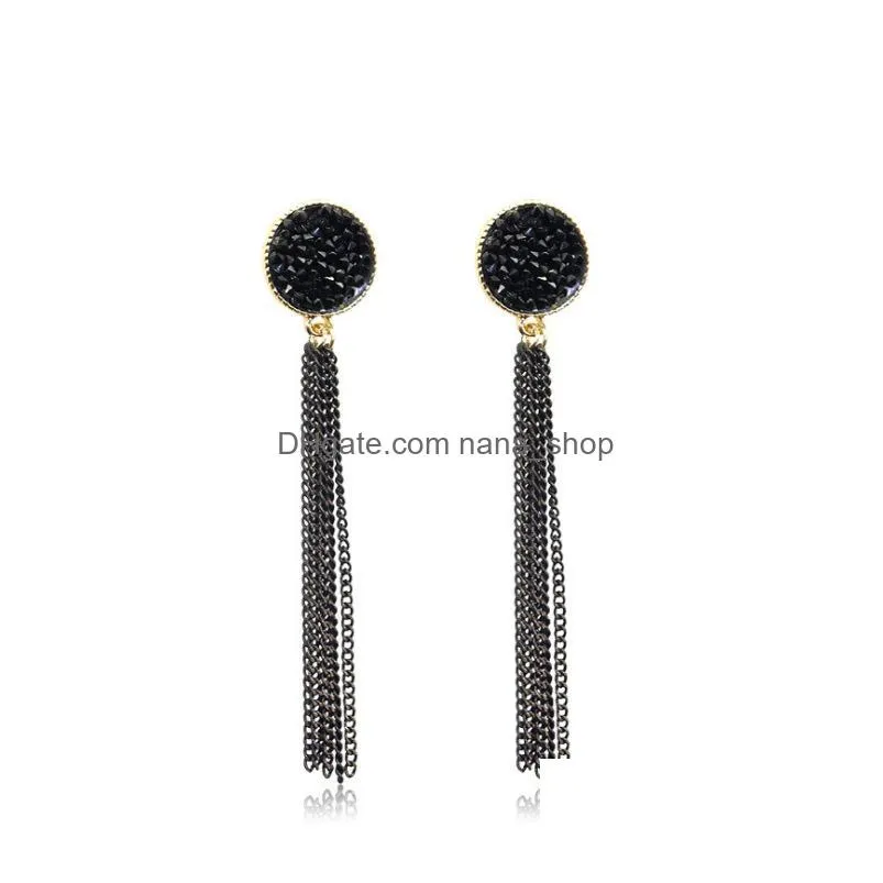 fashion jewelry s925 silver post black rhinstone chain tassels dangle stud earrings
