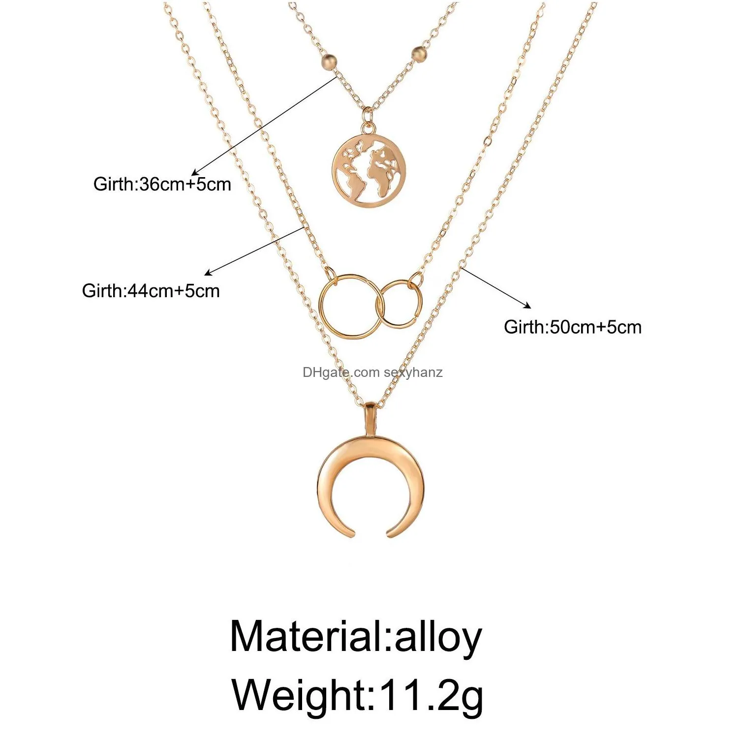 fashion jewelry multilayer necklace metal moon map hoop cross pendant necklace