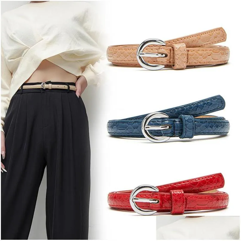 spring europe womens decoration slim pants dress belt eyes metal needle circle buckle simple snakeprint pu leather belts