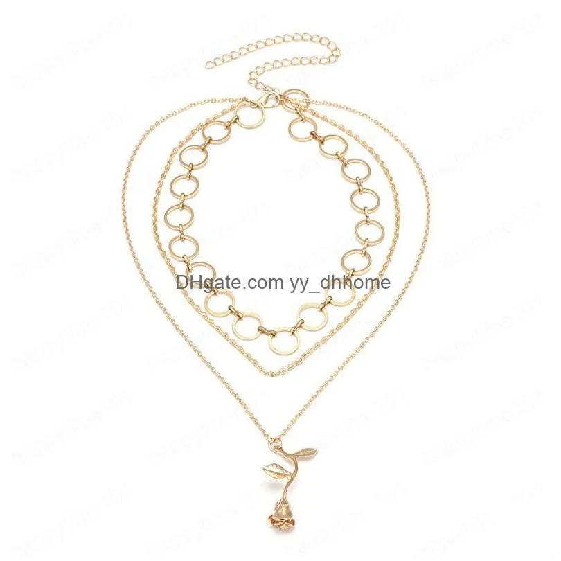 multi layer circle ring pendant necklace alloy rose flower chokers women girls fashion snake chains jewelry accessories