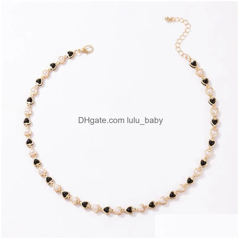 fashion jewelry black white faux pearl cute heart beaded necklace love beads chocker necklaces