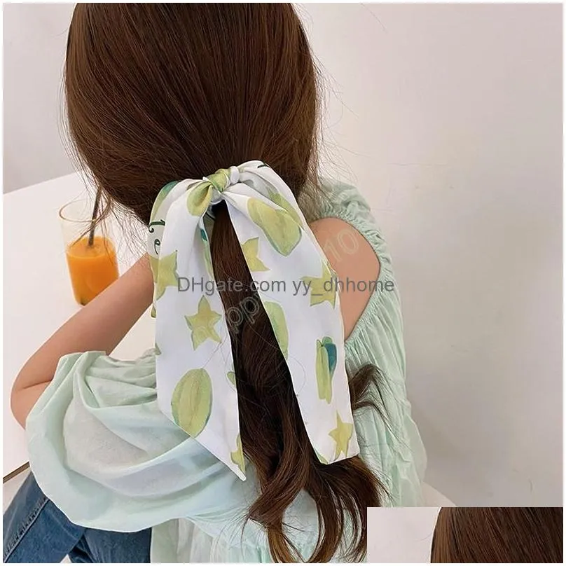 fruit printed chiffon streamers hair rope pearl elastic rubber bands ponytail holder long ribbon women sweet hair accessories