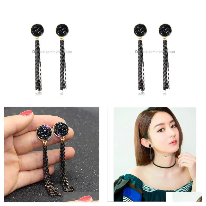 fashion jewelry s925 silver post black rhinstone chain tassels dangle stud earrings