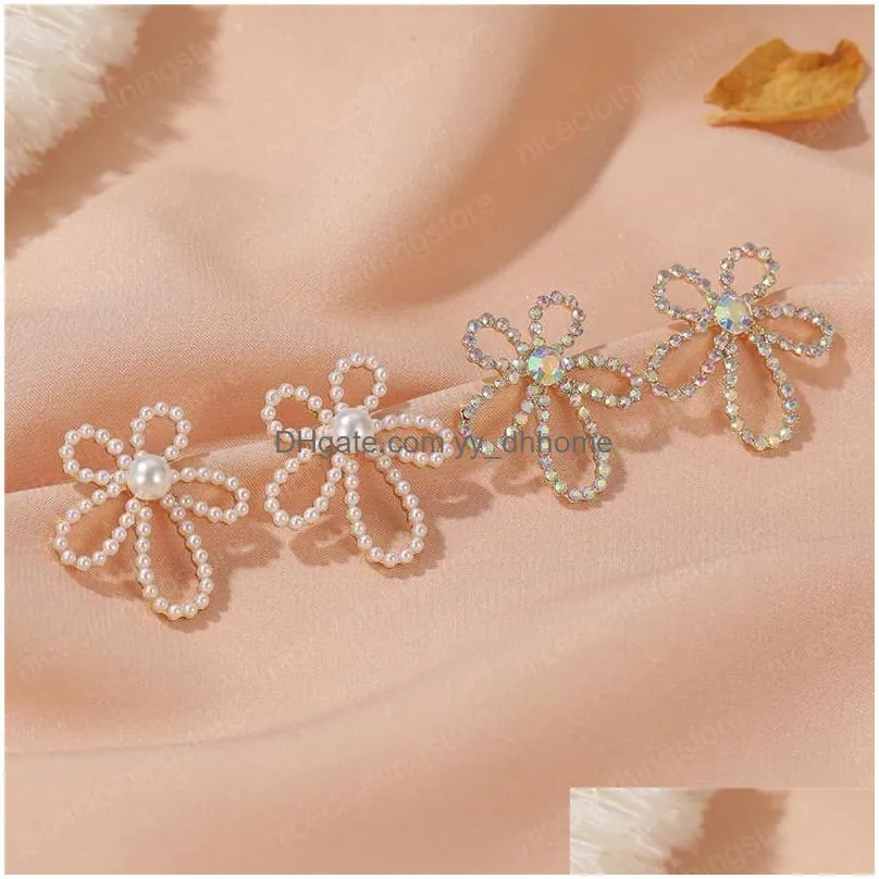 imitation pearl stud earrings hollow out crystal flower model ear drop european women business party gift floral earring jewelry accessories