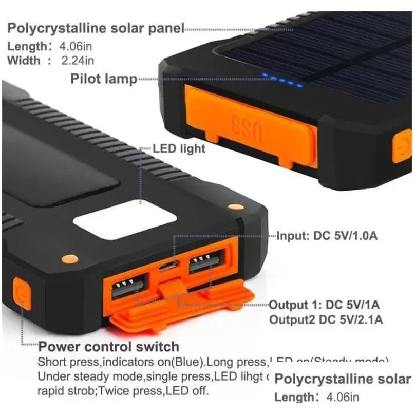 20000mah solar power bank charger with led flashlight compass camping lamp double head battery panel waterproof outdoor charging cell
