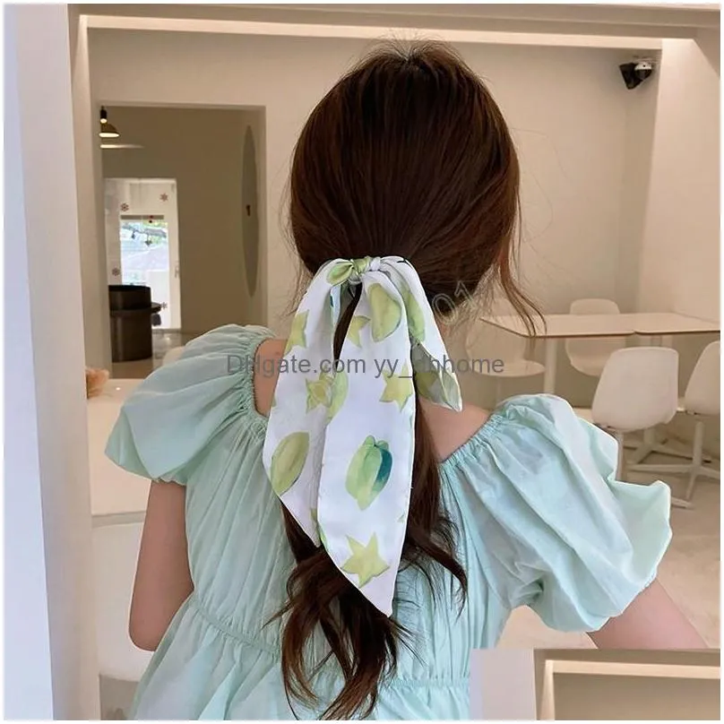 fruit printed chiffon streamers hair rope pearl elastic rubber bands ponytail holder long ribbon women sweet hair accessories