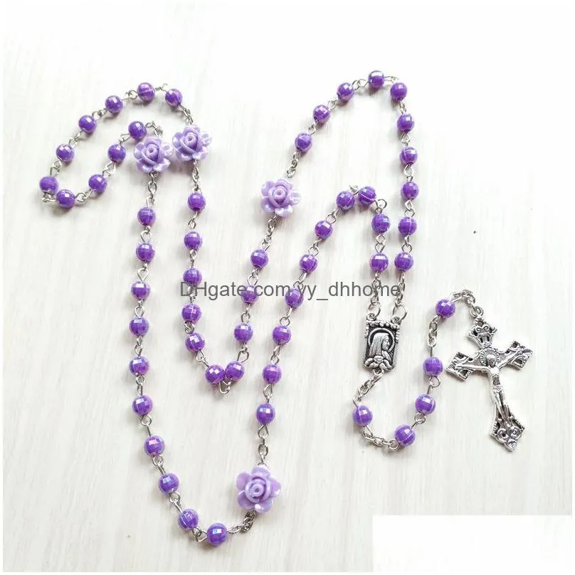 catholic acrylic round beads rose rosary necklace for women religious prayer jewelry