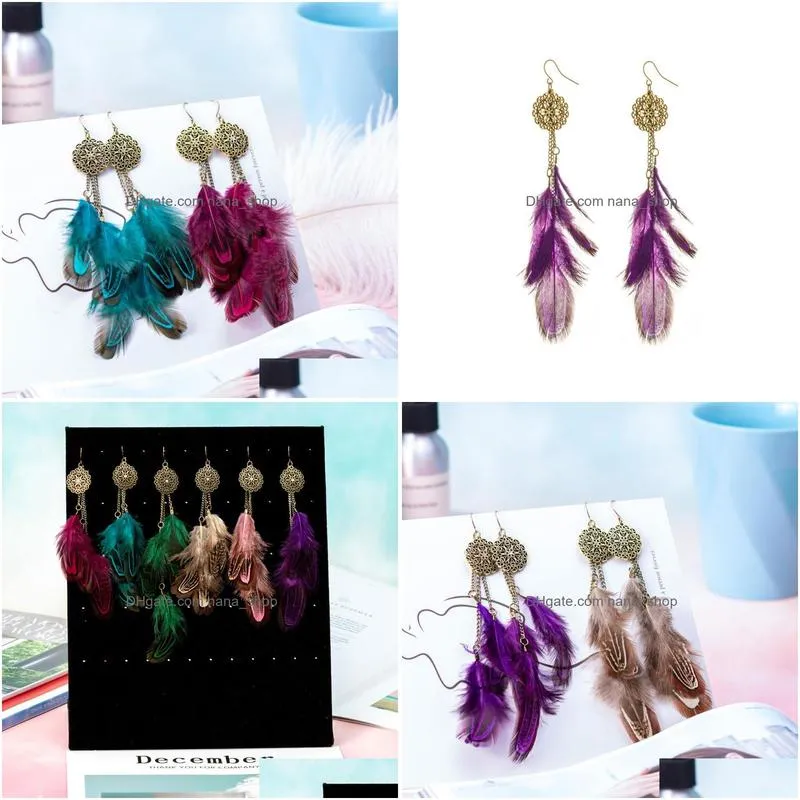 fashion jewelry vintage feather earrings long tassels feather dangle earrings
