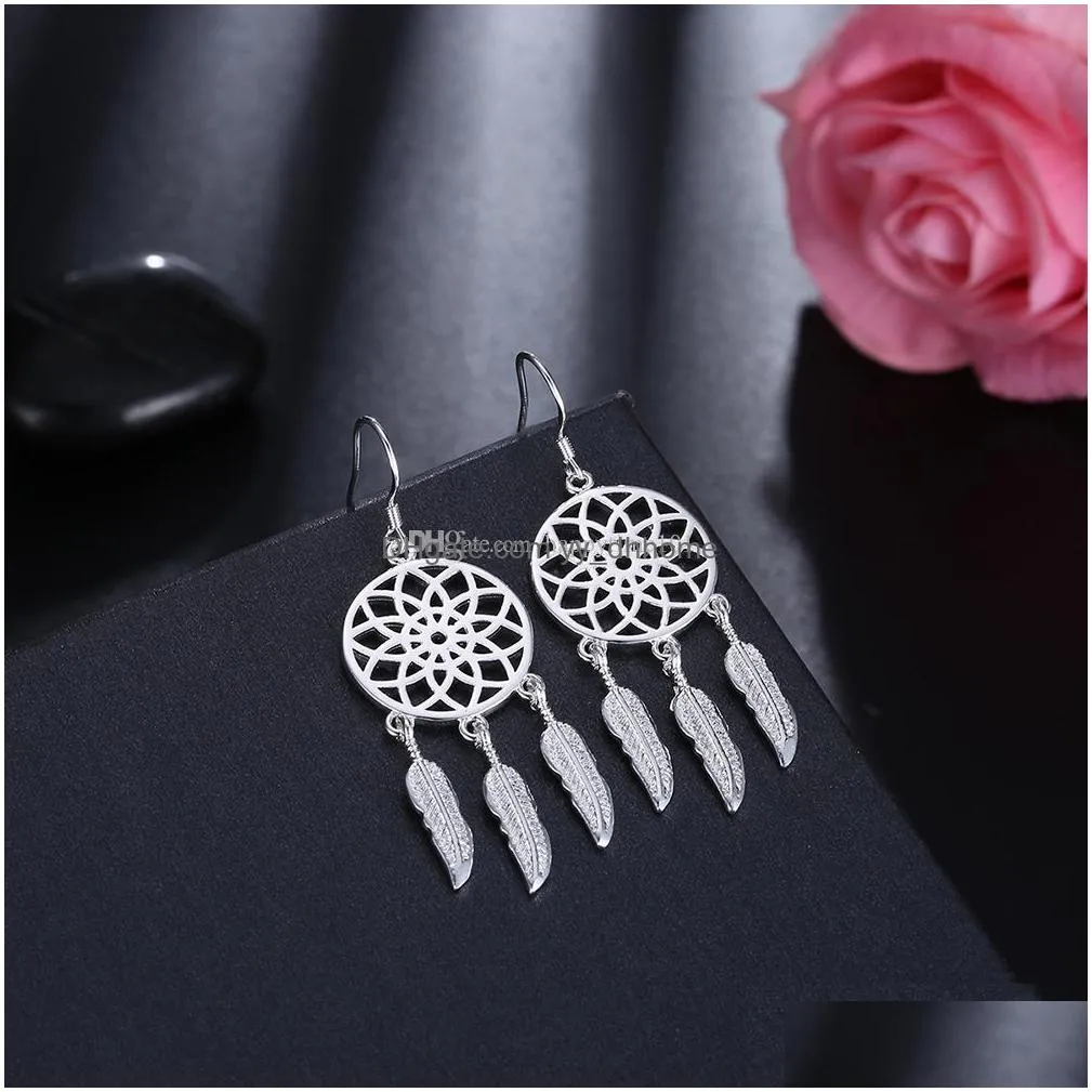 fashion women dream catcher dangle earrings silver plated hollow out circle dreamcatcher pendant feather tassel earrings