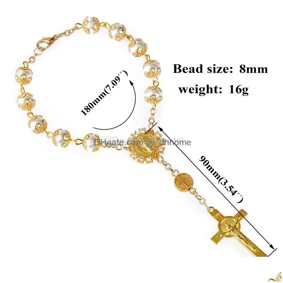  gold silver lace glass imitation pearl catholic rosary bracelet prayer beads jesus cross beaded bracelets statement jewelry