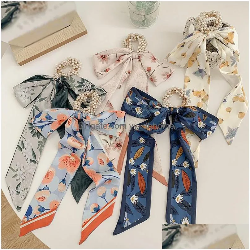 fruit printed chiffon streamers hair rope pearl elastic rubber bands ponytail holder long ribbon women sweet hair accessories