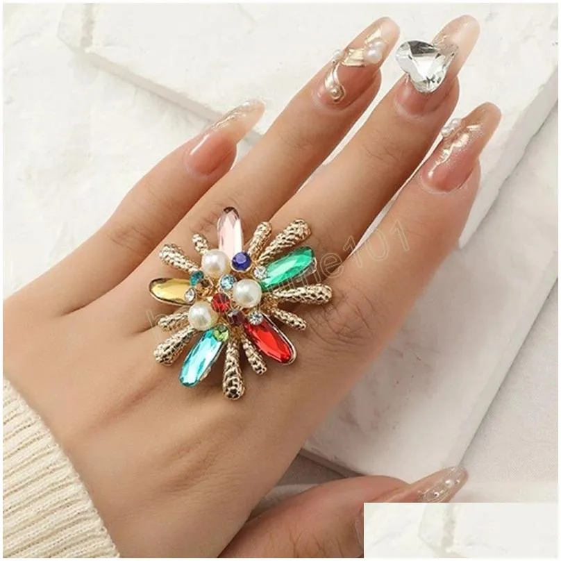 temperament flower ring for women multicolors crystal pearls open finger rings wedding band party jewelry gift