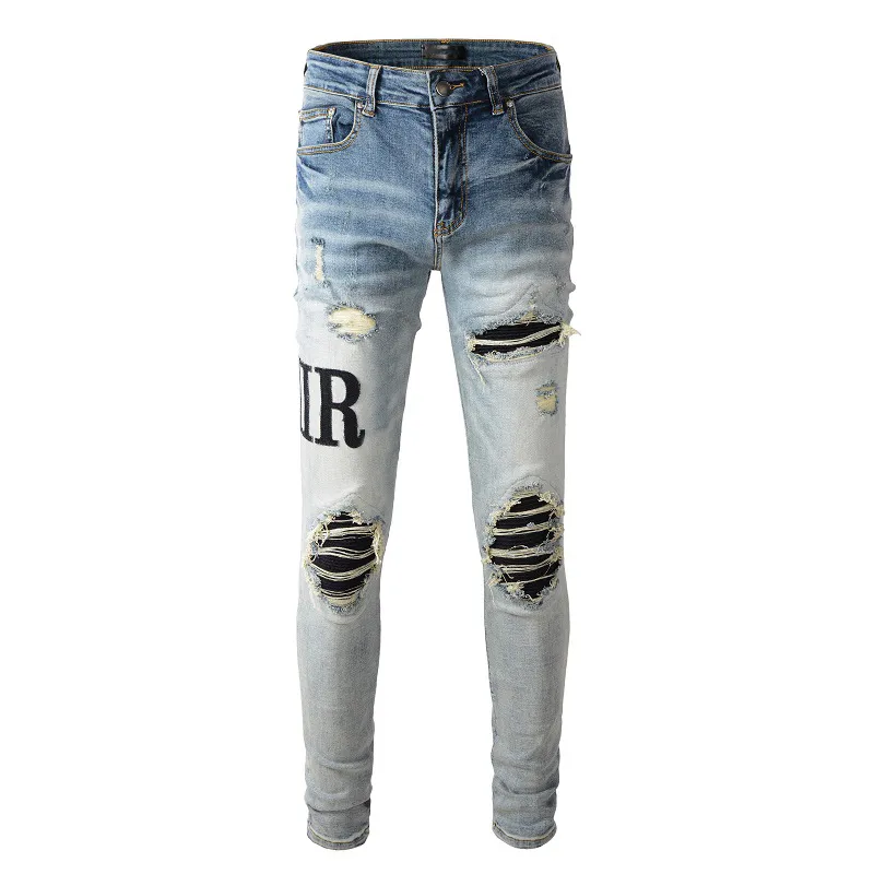 Men's Jeans Light Blue Distressed Patch Streetwear Slim Embroidered Leather Letter Pattern Damaged Skinny Stretch Ripped Jeans