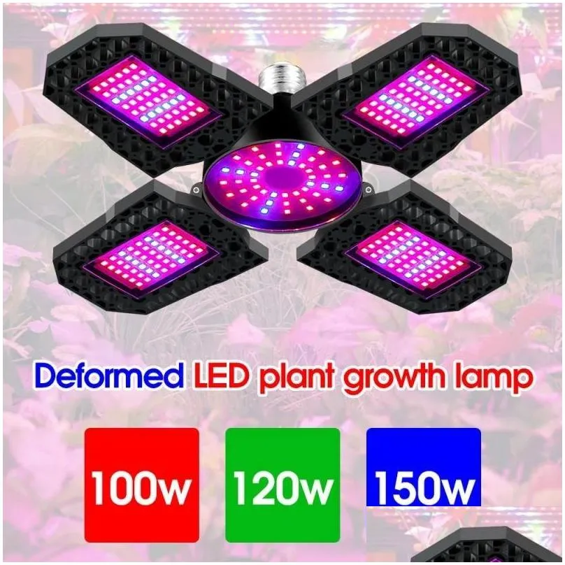 100w 120w 150w led plant growth lamp e27 deformation folding grow light 4 leaves red blue spectrum phytolamp