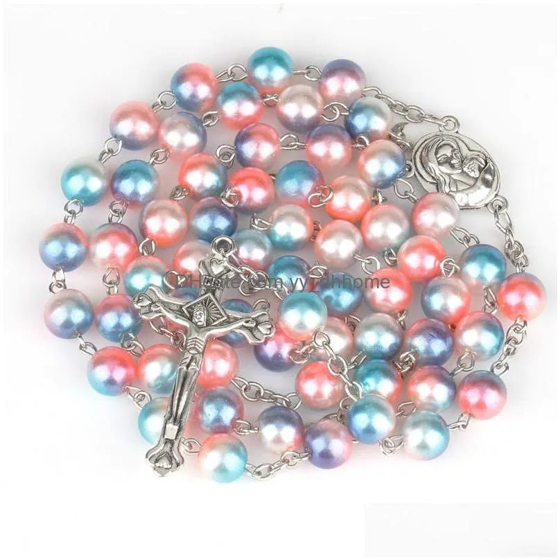  colorful bead pearl necklaces for women catholic christian jesus cross rosary long pendant necklace religious jewelry 12 styles